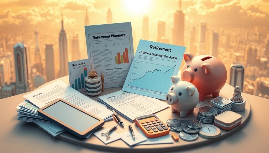 a highly detailed, realistic, digitally rendered illustration of various financial planning and retirement tools arranged in a three-dimensional, isometric composition. the foreground features a collection of financial documents, a digital tablet, a calculator, and a piggy bank. the middle ground showcases a retirement savings graph, a pension plan document, and a retirement age timeline. the background depicts a futuristic cityscape with skyscrapers and a bright, golden sky, evoking a sense of progress and prosperity. the lighting is warm and natural, with soft shadows and reflections, creating a sense of depth and dimensionality. the overall mood is one of optimism and financial security.
