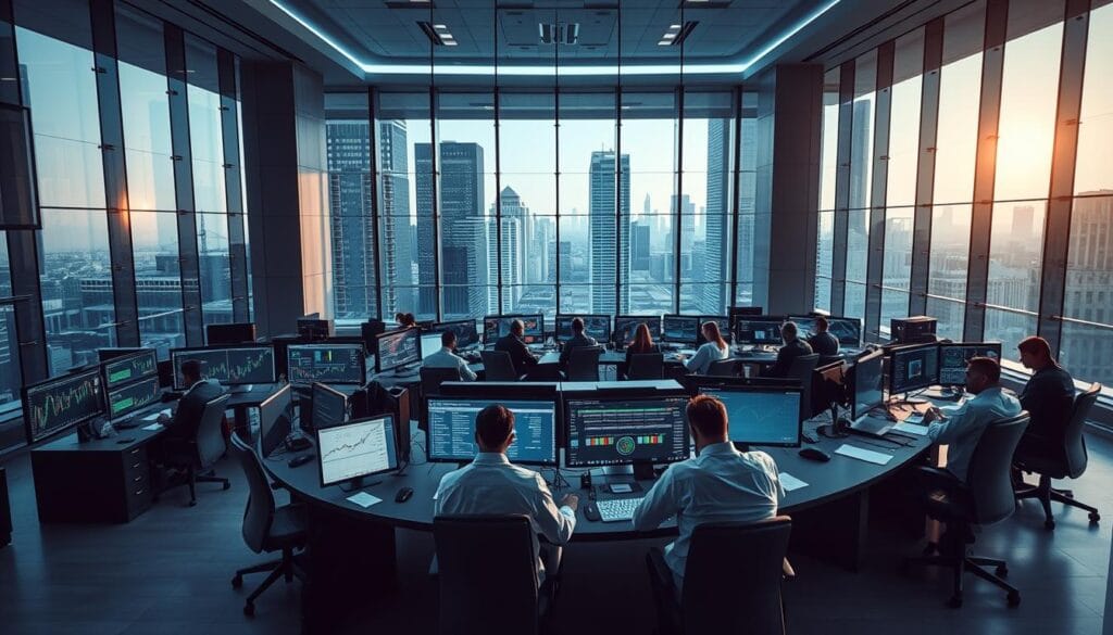 a stunning, photorealistic image of an investment banking trading floor, with a glass-walled skyscraper office in the background. In the foreground, a team of financial analysts are huddled around a large, curved desk, intently studying stock charts and financial data displayed on high-resolution monitors. The lighting is cool and bright, casting a professional, analytical atmosphere. The middle ground features a network of digital dashboards and data visualization screens, showcasing complex financial models and algorithms. In the background, the city skyline is visible through the floor-to-ceiling windows, adding a sense of scale and the global nature of investment banking operations. a stunning, photorealistic image of an investment banking trading floor, with a glass-walled skyscraper office in the background. In the foreground, a team of financial analysts are huddled around a large, curved desk, intently studying stock charts and financial data displayed on high-resolution monitors. The lighting is cool and bright, casting a professional, analytical atmosphere. The middle ground features a network of digital dashboards and data visualization screens, showcasing complex financial models and algorithms. In the background, the city skyline is visible through the floor-to-ceiling windows, adding a sense of scale and the global nature of investment banking operations.