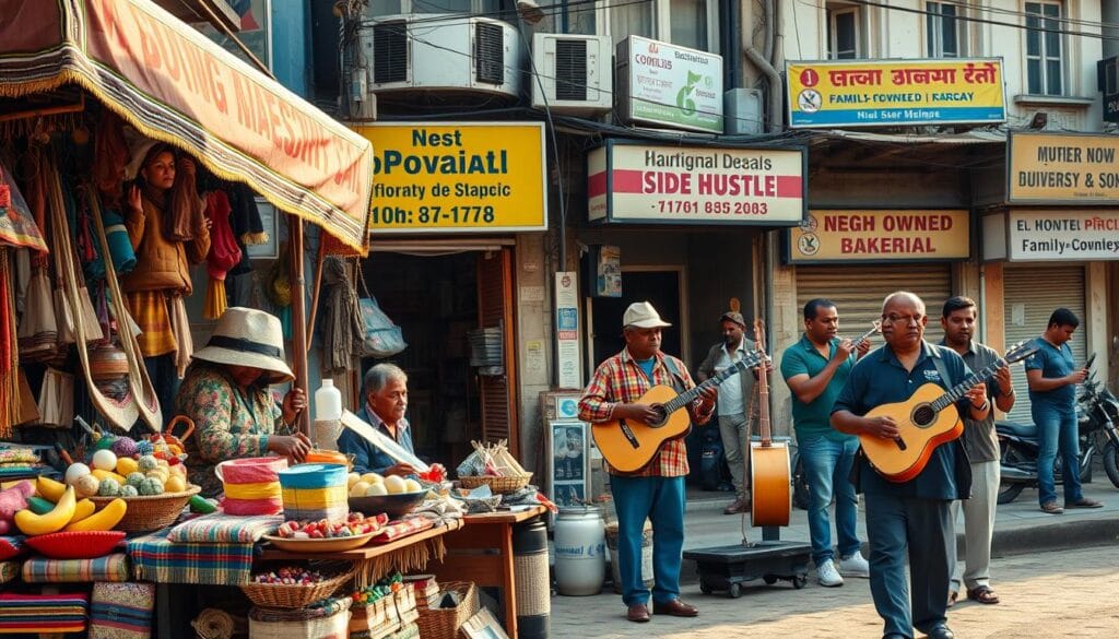 a vibrant and dynamic scene depicting traditional side hustles, set against a backdrop of a bustling city street. in the foreground, a vendor selling handmade crafts and local produce from a colorful market stall, their wares displayed invitingly. in the middle ground, a group of people busking with instruments, creating a lively musical atmosphere. in the background, a mix of small businesses, such as a neighborhood repair shop and a family-owned bakery, showcasing the diverse entrepreneurial spirit of the community. the lighting is warm and natural, creating a sense of authenticity and timelessness. the overall composition conveys the resilience and hustle of those seeking to supplement their incomes through traditional means. a vibrant and dynamic scene depicting traditional side hustles, set against a backdrop of a bustling city street. in the foreground, a vendor selling handmade crafts and local produce from a colorful market stall, their wares displayed invitingly. in the middle ground, a group of people busking with instruments, creating a lively musical atmosphere. in the background, a mix of small businesses, such as a neighborhood repair shop and a family-owned bakery, showcasing the diverse entrepreneurial spirit of the community. the lighting is warm and natural, creating a sense of authenticity and timelessness. the overall composition conveys the resilience and hustle of those seeking to supplement their incomes through traditional means.