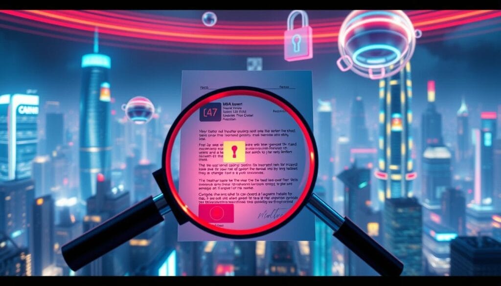 high-resolution digital illustration of fraud prevention, depicting a secure digital document with a magnifying glass analyzing it, set against a backdrop of a futuristic cityscape with glowing skyscrapers and floating holographic displays, all rendered in a vibrant, neon-infused cyberpunk style with dramatic cinematic lighting and depth of field, creating a sense of technological sophistication and the importance of digital identity verification in the modern world high-resolution digital illustration of fraud prevention, depicting a secure digital document with a magnifying glass analyzing it, set against a backdrop of a futuristic cityscape with glowing skyscrapers and floating holographic displays, all rendered in a vibrant, neon-infused cyberpunk style with dramatic cinematic lighting and depth of field, creating a sense of technological sophistication and the importance of digital identity verification in the modern world