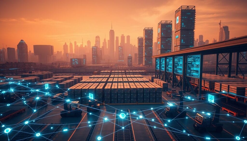 A blockchain-powered supply chain management system, meticulously rendered in a sleek, futuristic style. In the foreground, a network of interconnected nodes and smart contracts shimmer with digital energy, while in the middle ground, a vast warehouse bustles with robotic forklifts and automated inventory tracking. The background reveals a cityscape of towering skyscrapers, their facades adorned with holographic displays showcasing real-time supply chain data. Warm, diffused lighting casts a soft glow, creating a sense of technological progress and efficiency. The overall scene conveys the transformative power of blockchain in revolutionizing the automotive finance industry, seamlessly integrating logistics, transparency, and security. A blockchain-powered supply chain management system, meticulously rendered in a sleek, futuristic style. In the foreground, a network of interconnected nodes and smart contracts shimmer with digital energy, while in the middle ground, a vast warehouse bustles with robotic forklifts and automated inventory tracking. The background reveals a cityscape of towering skyscrapers, their facades adorned with holographic displays showcasing real-time supply chain data. Warm, diffused lighting casts a soft glow, creating a sense of technological progress and efficiency. The overall scene conveys the transformative power of blockchain in revolutionizing the automotive finance industry, seamlessly integrating logistics, transparency, and security.