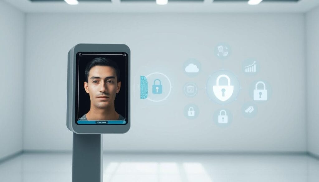A bright, clean, and professional-looking digital identity verification process. In the foreground, a person's face is displayed on a sleek, modern device, with biometric scanning taking place. In the middle ground, various security icons and indicators suggest a robust verification system. The background depicts a minimalist, monochromatic setting with subtle geometric patterns, conveying a sense of technological sophistication. Bright, directional lighting from the side creates depth and highlights the key elements, while a shallow depth of field keeps the focus on the verification process. The overall atmosphere is one of efficiency, security, and seamless digital integration. A bright, clean, and professional-looking digital identity verification process. In the foreground, a person's face is displayed on a sleek, modern device, with biometric scanning taking place. In the middle ground, various security icons and indicators suggest a robust verification system. The background depicts a minimalist, monochromatic setting with subtle geometric patterns, conveying a sense of technological sophistication. Bright, directional lighting from the side creates depth and highlights the key elements, while a shallow depth of field keeps the focus on the verification process. The overall atmosphere is one of efficiency, security, and seamless digital integration.