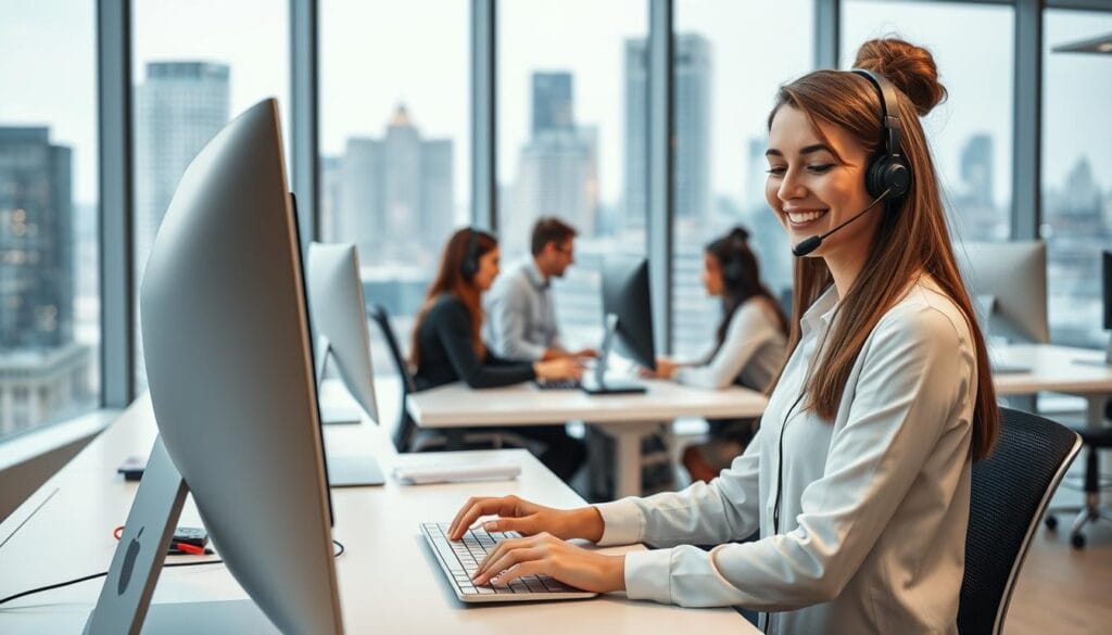A brightly lit, modern office interior with a team of customer service representatives assisting individuals with tax software inquiries. In the foreground, a young woman with a headset smiles warmly as she types on a sleek, minimalist desktop computer. In the middle ground, several colleagues collaborate at adjacent workstations, their faces focused yet friendly. The background features floor-to-ceiling windows overlooking a bustling city skyline, creating a sense of urban professional efficiency. The lighting is soft and diffused, creating a calming and approachable atmosphere. The overall scene conveys a seamless integration of human expertise and advanced digital tools, reflecting the ease and convenience of modern tax filing. A brightly lit, modern office interior with a team of customer service representatives assisting individuals with tax software inquiries. In the foreground, a young woman with a headset smiles warmly as she types on a sleek, minimalist desktop computer. In the middle ground, several colleagues collaborate at adjacent workstations, their faces focused yet friendly. The background features floor-to-ceiling windows overlooking a bustling city skyline, creating a sense of urban professional efficiency. The lighting is soft and diffused, creating a calming and approachable atmosphere. The overall scene conveys a seamless integration of human expertise and advanced digital tools, reflecting the ease and convenience of modern tax filing.
