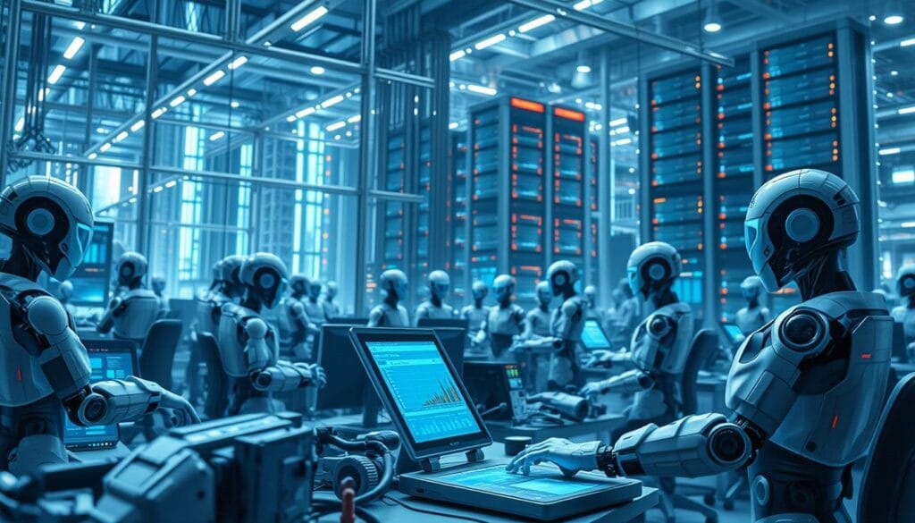 A bustling AI-powered workforce, with digital agents and data analysts collaborating seamlessly. A central control hub oversees intricate operations, feeding real-time insights to decision-makers. Sleek interfaces and intuitive visualizations empower the team, harnessing the latest advancements in machine learning. In the foreground, an array of intelligent bots performs tasks with superhuman efficiency, while in the background, towering data infrastructure supports the seamless flow of information. The scene exudes a sense of futuristic harmony, where human ingenuity and technological prowess converge to drive innovation and growth.