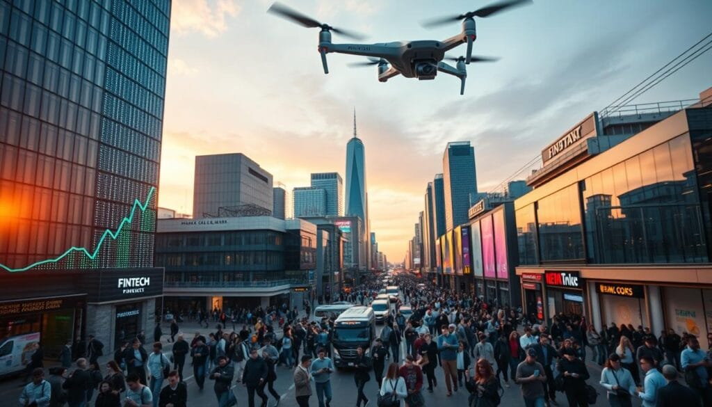 A bustling Fintech marketplace, illuminated by warm hues of a setting sun. In the foreground, a towering digital graph depicts a steadily climbing line, symbolizing the robust growth of the industry. Sleek, modern financial institutions dot the cityscape, their glass facades reflecting the vibrant activity within. Crowds of people navigate the streets, engrossed in their mobile devices, showcasing the widespread adoption of digital financial services. Overhead, a drone captures the dynamic scene, offering a bird's-eye view of the thriving Fintech ecosystem. The image exudes a sense of progress, innovation, and the transformative power of technology in the evolving financial landscape. A bustling Fintech marketplace, illuminated by warm hues of a setting sun. In the foreground, a towering digital graph depicts a steadily climbing line, symbolizing the robust growth of the industry. Sleek, modern financial institutions dot the cityscape, their glass facades reflecting the vibrant activity within. Crowds of people navigate the streets, engrossed in their mobile devices, showcasing the widespread adoption of digital financial services. Overhead, a drone captures the dynamic scene, offering a bird's-eye view of the thriving Fintech ecosystem. The image exudes a sense of progress, innovation, and the transformative power of technology in the evolving financial landscape.