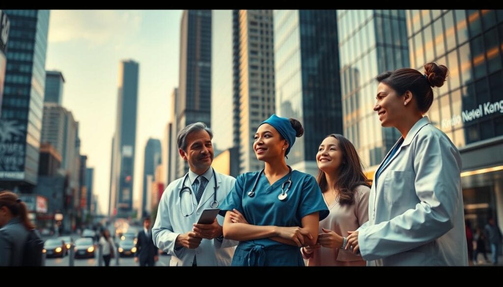 A bustling city landscape with modern high-rise buildings and busy streets. In the foreground, a group of diverse healthcare professionals - a doctor, a nurse, a physical therapist, and a nutritionist - are gathered, engaged in a lively discussion. They are dressed in traditional uniforms, conveying a sense of expertise and professionalism. The lighting is warm and inviting, with soft shadows casting a subtle glow on their faces. The angle is slightly elevated, allowing the viewer to observe the scene from an advantageous perspective. The overall mood is one of collaboration, knowledge-sharing, and a commitment to providing comprehensive, personalized care to their mobile, on-the-go clients. A bustling city landscape with modern high-rise buildings and busy streets. In the foreground, a group of diverse healthcare professionals - a doctor, a nurse, a physical therapist, and a nutritionist - are gathered, engaged in a lively discussion. They are dressed in traditional uniforms, conveying a sense of expertise and professionalism. The lighting is warm and inviting, with soft shadows casting a subtle glow on their faces. The angle is slightly elevated, allowing the viewer to observe the scene from an advantageous perspective. The overall mood is one of collaboration, knowledge-sharing, and a commitment to providing comprehensive, personalized care to their mobile, on-the-go clients.