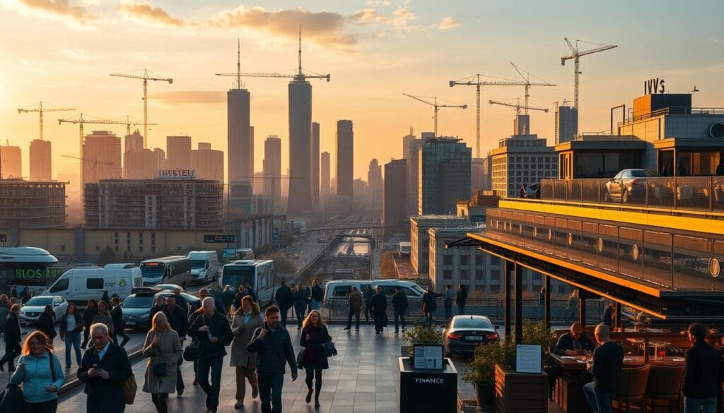 A bustling city skyline at golden hour, with towering skyscrapers and cranes dotting the horizon. In the foreground, people go about their daily lives - commuters hurry to work, entrepreneurs meet in cozy cafes, and families dine at upscale restaurants. The scene is illuminated by warm, soft lighting, creating a sense of energy and prosperity. In the middle ground, digital displays showcase financial data, stock tickers, and transaction details, hinting at the technological advancements powering the city's thriving economy. The overall atmosphere conveys a vision of the future where finance is seamlessly integrated into everyday experiences across industries. A bustling city skyline at golden hour, with towering skyscrapers and cranes dotting the horizon. In the foreground, people go about their daily lives - commuters hurry to work, entrepreneurs meet in cozy cafes, and families dine at upscale restaurants. The scene is illuminated by warm, soft lighting, creating a sense of energy and prosperity. In the middle ground, digital displays showcase financial data, stock tickers, and transaction details, hinting at the technological advancements powering the city's thriving economy. The overall atmosphere conveys a vision of the future where finance is seamlessly integrated into everyday experiences across industries.