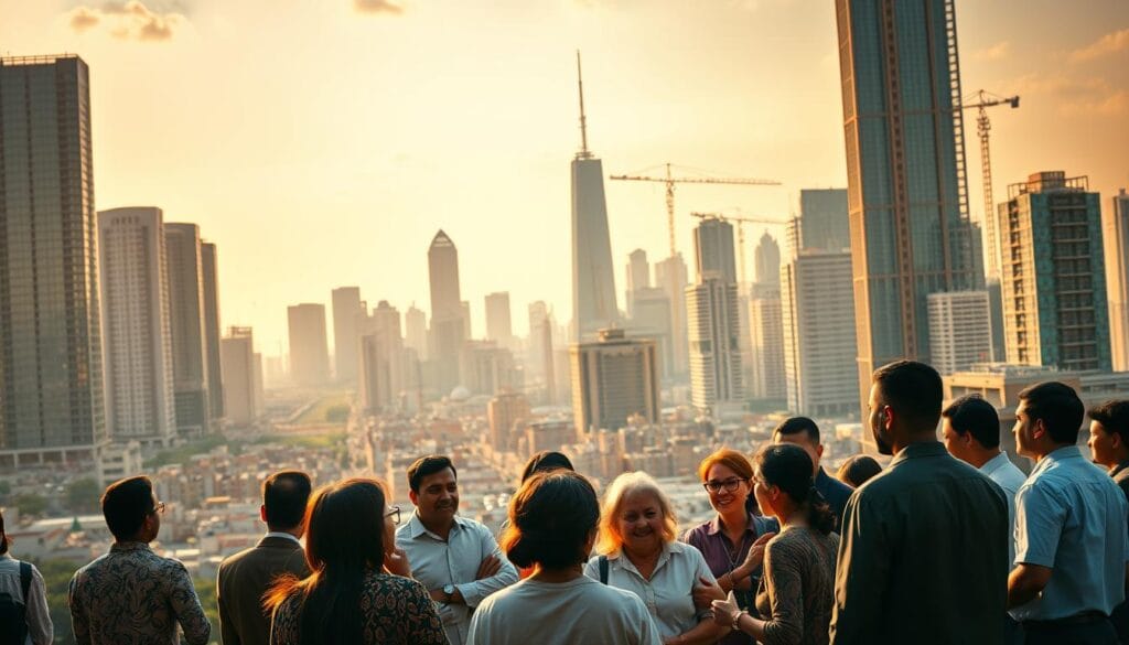 A bustling city skyline in an emerging market, with modern skyscrapers and cranes dotting the horizon. In the foreground, a diverse group of people engaged in animated discussions, representing the blend of finance, development, and social impact. Warm, golden lighting illuminates the scene, casting a sense of optimism and progress. The image conveys the dynamic potential of blended finance opportunities in these rapidly evolving economies, ripe with innovation and opportunity for positive change. A bustling city skyline in an emerging market, with modern skyscrapers and cranes dotting the horizon. In the foreground, a diverse group of people engaged in animated discussions, representing the blend of finance, development, and social impact. Warm, golden lighting illuminates the scene, casting a sense of optimism and progress. The image conveys the dynamic potential of blended finance opportunities in these rapidly evolving economies, ripe with innovation and opportunity for positive change.