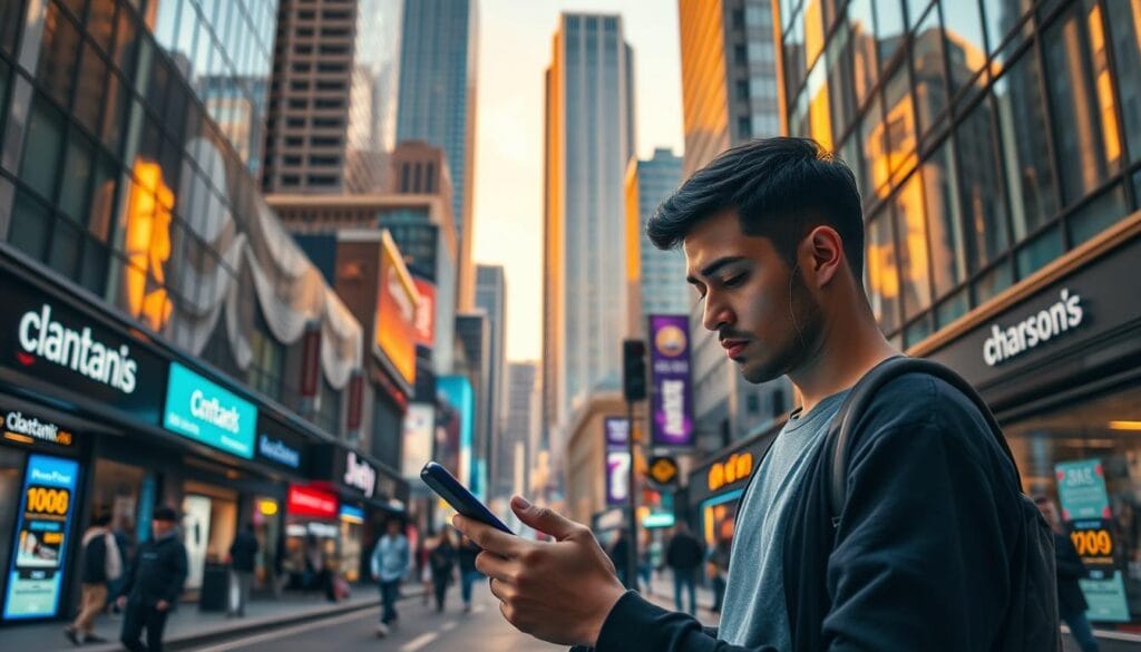 A bustling city street in the year 2025, where the impact of AI on spending habits is visually evident. In the foreground, a person is intently gazing at their smartphone, seamlessly interacting with an AI-powered budgeting app that suggests optimal spending decisions. The middle ground features a mix of stores and businesses, some with AI-integrated digital displays highlighting personalized offers and discounts. In the background, towering skyscrapers and a vibrant skyline set the scene, conveying a sense of technological advancement and the pervasive influence of AI on daily financial practices. The lighting is a warm, golden hue, creating an atmosphere of productivity and financial well-being.