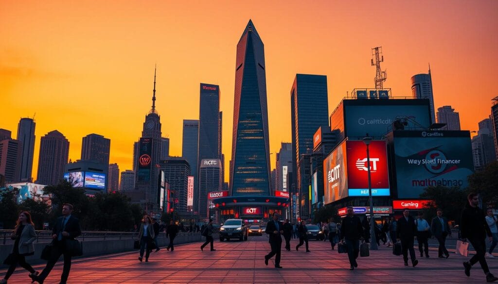 A bustling cityscape at dusk, skyscrapers and towering structures silhouetted against a vibrant orange sky. In the foreground, a series of business people hurry along the sidewalks, briefcases in hand, conveying a sense of urgency and fast-paced action. In the middle ground, neon signs and digital displays advertise various financial services, casting a dynamic glow over the scene. In the background, a towering, futuristic-looking building serves as the central focal point, its sleek, angular design and bold, illuminated logo suggesting a powerful, cutting-edge financial institution. The overall atmosphere is one of energy, efficiency, and the thrill of rapid, high-stakes funding opportunities. A bustling cityscape at dusk, skyscrapers and towering structures silhouetted against a vibrant orange sky. In the foreground, a series of business people hurry along the sidewalks, briefcases in hand, conveying a sense of urgency and fast-paced action. In the middle ground, neon signs and digital displays advertise various financial services, casting a dynamic glow over the scene. In the background, a towering, futuristic-looking building serves as the central focal point, its sleek, angular design and bold, illuminated logo suggesting a powerful, cutting-edge financial institution. The overall atmosphere is one of energy, efficiency, and the thrill of rapid, high-stakes funding opportunities.