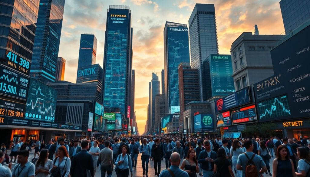 A bustling cityscape at dusk, with a dynamic interplay of futuristic high-rises and intricate financial data visualizations projected onto their facades. In the foreground, holographic displays showcase the latest fintech innovations, including seamless mobile transactions, AI-powered wealth management, and blockchain-enabled cross-border payments. The midground features a diverse crowd of tech-savvy professionals navigating the urban landscape, their movements mirrored in the rhythmic patterns of stock tickers and market indicators. The background is bathed in a warm, golden glow, conveying a sense of progress and prosperity amidst the rapid advancements transforming the financial services industry. A bustling cityscape at dusk, with a dynamic interplay of futuristic high-rises and intricate financial data visualizations projected onto their facades. In the foreground, holographic displays showcase the latest fintech innovations, including seamless mobile transactions, AI-powered wealth management, and blockchain-enabled cross-border payments. The midground features a diverse crowd of tech-savvy professionals navigating the urban landscape, their movements mirrored in the rhythmic patterns of stock tickers and market indicators. The background is bathed in a warm, golden glow, conveying a sense of progress and prosperity amidst the rapid advancements transforming the financial services industry.