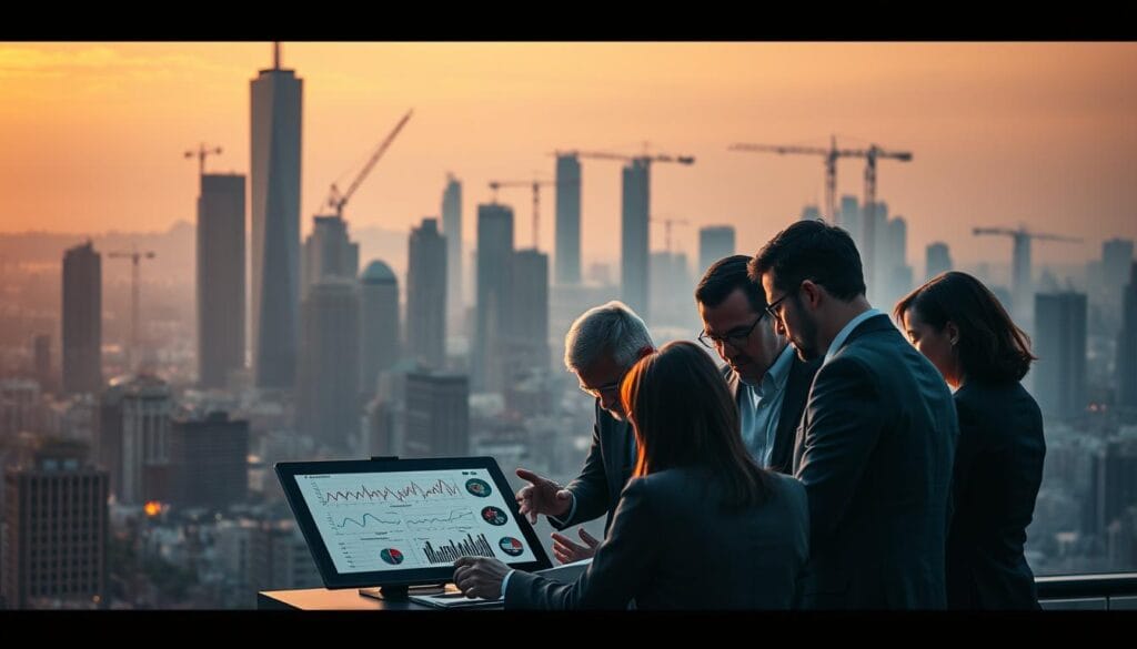 A bustling cityscape at dusk, with towering skyscrapers and cranes dotting the skyline. In the foreground, a team of executives huddled around a table, frowning at a tablet displaying complex graphs and charts. The lighting is warm and moody, casting long shadows that symbolize the challenges and uncertainties of AI adoption. The background is hazy, suggesting the complexities and unknowns that lie ahead. A sense of both progress and unease permeates the scene, reflecting the dual nature of embracing new technologies in the financial sector. A bustling cityscape at dusk, with towering skyscrapers and cranes dotting the skyline. In the foreground, a team of executives huddled around a table, frowning at a tablet displaying complex graphs and charts. The lighting is warm and moody, casting long shadows that symbolize the challenges and uncertainties of AI adoption. The background is hazy, suggesting the complexities and unknowns that lie ahead. A sense of both progress and unease permeates the scene, reflecting the dual nature of embracing new technologies in the financial sector.