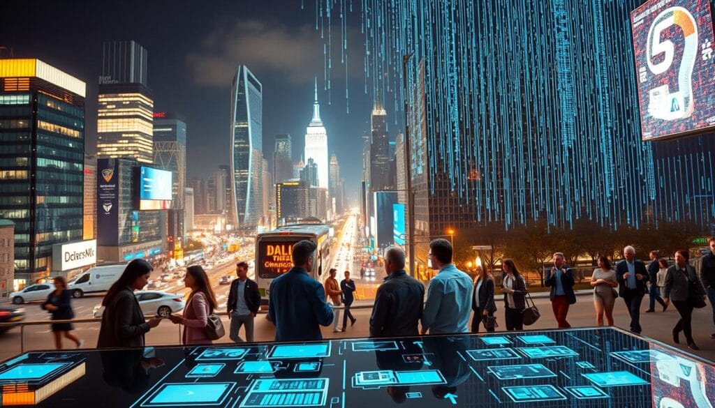 A bustling cityscape at night, the skyline illuminated by the glow of towering skyscrapers. In the foreground, a tableau of financial technology innovators gathered around a sleek conference table, deep in discussion, surrounded by holographic displays showcasing the latest trends and advancements. The mid-ground is dotted with people rushing through the streets, smartphones in hand, engaging with mobile banking apps and digital wallets. In the background, a matrix of data streams cascades across the urban landscape, symbolizing the interconnected, data-driven nature of the fintech revolution. The scene is bathed in a warm, amber-tinted lighting, creating an atmosphere of innovation, collaboration, and the promise of a technologically-advanced financial future. A bustling cityscape at night, the skyline illuminated by the glow of towering skyscrapers. In the foreground, a tableau of financial technology innovators gathered around a sleek conference table, deep in discussion, surrounded by holographic displays showcasing the latest trends and advancements. The mid-ground is dotted with people rushing through the streets, smartphones in hand, engaging with mobile banking apps and digital wallets. In the background, a matrix of data streams cascades across the urban landscape, symbolizing the interconnected, data-driven nature of the fintech revolution. The scene is bathed in a warm, amber-tinted lighting, creating an atmosphere of innovation, collaboration, and the promise of a technologically-advanced financial future.