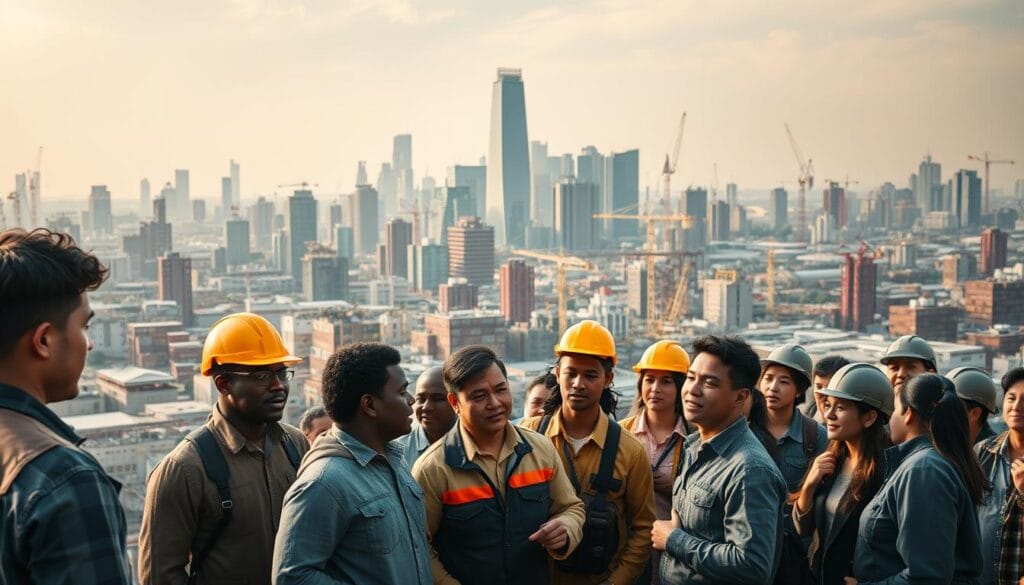 A bustling cityscape, teeming with the energy of the working class. In the foreground, a group of diverse individuals - factory workers, service employees, tradespeople - pooling their resources, discussing investment opportunities with focused expressions. The middle ground reveals office towers and industrial complexes, their windows reflecting the changing tides of the economic landscape. In the background, a panorama of skyscrapers, cranes, and transportation hubs, symbolizing the interconnected global markets that shape the fortunes of the everyday person. Warm, diffused lighting casts a hopeful glow, suggesting the potential for positive change. Captured through a wide-angle lens, the scene conveys a sense of scale, highlighting the collective power of the working class to shape their financial future. A bustling cityscape, teeming with the energy of the working class. In the foreground, a group of diverse individuals - factory workers, service employees, tradespeople - pooling their resources, discussing investment opportunities with focused expressions. The middle ground reveals office towers and industrial complexes, their windows reflecting the changing tides of the economic landscape. In the background, a panorama of skyscrapers, cranes, and transportation hubs, symbolizing the interconnected global markets that shape the fortunes of the everyday person. Warm, diffused lighting casts a hopeful glow, suggesting the potential for positive change. Captured through a wide-angle lens, the scene conveys a sense of scale, highlighting the collective power of the working class to shape their financial future.