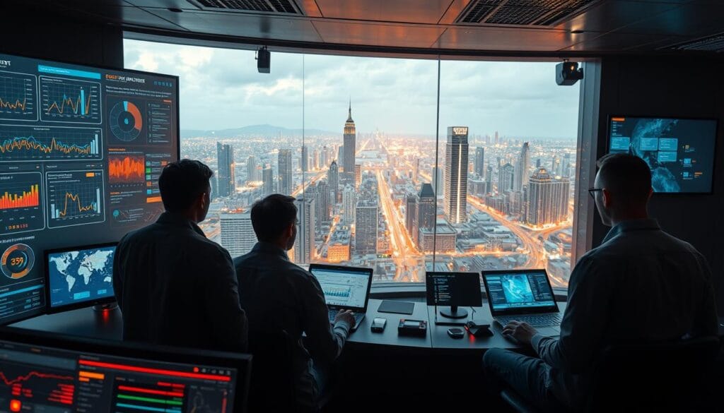 A bustling control room with a panoramic view of a futuristic city skyline. In the foreground, a team of data analysts intently monitoring a large, interactive dashboard displaying real-time risk assessments and predictive analytics. Vibrant holograms and touchscreen interfaces surround them, as they collaborate to mitigate emerging threats and optimize portfolio performance. The middle ground features a dynamic 3D model of the city's infrastructure, tracking critical systems and potential vulnerabilities. In the background, the city thrums with activity, its streets and skyscrapers bathed in the warm glow of advanced, energy-efficient lighting. An atmosphere of focused, data-driven decision making pervades the scene, capturing the power of AI-driven innovations in modern risk management. A bustling control room with a panoramic view of a futuristic city skyline. In the foreground, a team of data analysts intently monitoring a large, interactive dashboard displaying real-time risk assessments and predictive analytics. Vibrant holograms and touchscreen interfaces surround them, as they collaborate to mitigate emerging threats and optimize portfolio performance. The middle ground features a dynamic 3D model of the city's infrastructure, tracking critical systems and potential vulnerabilities. In the background, the city thrums with activity, its streets and skyscrapers bathed in the warm glow of advanced, energy-efficient lighting. An atmosphere of focused, data-driven decision making pervades the scene, capturing the power of AI-driven innovations in modern risk management.