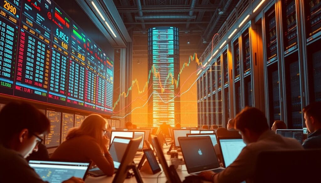A bustling cryptocurrency exchange, with digital currencies displayed on a series of high-resolution screens. The foreground features traders hunched over their laptops, faces illuminated by the glow of the monitors. The middle ground showcases a holographic projection of market data, visualized as a dynamic, multi-colored graph. In the background, a towering data center hums with activity, its servers processing transactions at lightning speed. Warm, focused lighting casts dramatic shadows, creating a sense of intensity and urgency. The overall scene conveys the current state of the volatile and rapidly evolving cryptocurrency market.