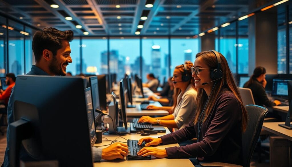 A bustling customer service center, bathed in warm, ambient lighting. In the foreground, a smiling customer service representative assists a client on a sleek, modern desktop computer, their expressions engaged and collaborative. In the middle ground, a diverse array of employees work diligently, headsets on, efficiently navigating customer queries. The background features an expanse of workstations, each with a panoramic view of a dynamic cityscape outside the floor-to-ceiling windows, hinting at the technological advancements that empower this AI-driven customer experience. The overall atmosphere exudes a sense of professionalism, productivity, and a relentless pursuit of customer satisfaction.