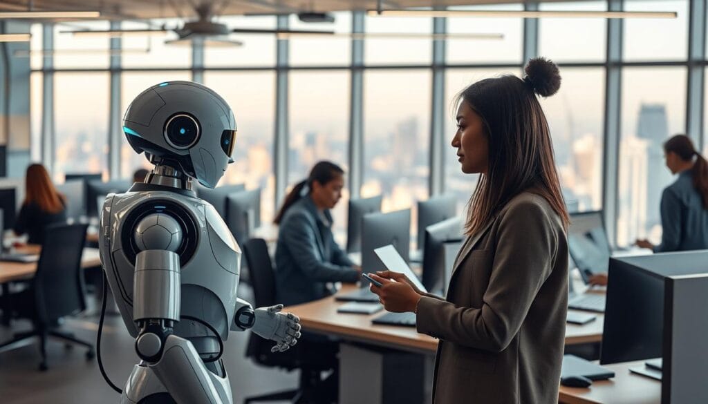 A bustling customer service office with AI-powered digital assistants at work. In the foreground, a sleek robot agent interacts with a customer, its screen displaying real-time data analysis. Behind it, human agents collaborate with intuitive generative tools, crafting personalized responses using natural language processing. The middle ground features an array of smart devices and holographic displays, streamlining workflows. In the background, a vibrant cityscape visible through floor-to-ceiling windows, reflecting the dynamic, future-forward nature of this AI-augmented customer service environment. Warm lighting and a muted color palette convey a sense of efficiency, innovation, and human-centric design. A bustling customer service office with AI-powered digital assistants at work. In the foreground, a sleek robot agent interacts with a customer, its screen displaying real-time data analysis. Behind it, human agents collaborate with intuitive generative tools, crafting personalized responses using natural language processing. The middle ground features an array of smart devices and holographic displays, streamlining workflows. In the background, a vibrant cityscape visible through floor-to-ceiling windows, reflecting the dynamic, future-forward nature of this AI-augmented customer service environment. Warm lighting and a muted color palette convey a sense of efficiency, innovation, and human-centric design.