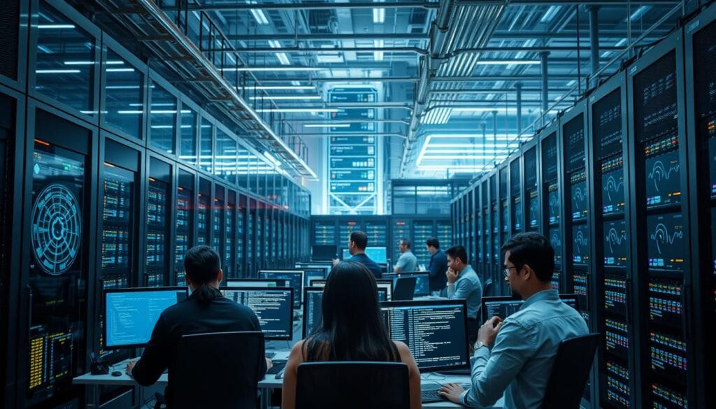 A bustling data center humming with activity, rows of sleek server racks and blinking lights casting a futuristic glow. In the foreground, a team of AI developers intently examining lines of code on their screens, surrounded by state-of-the-art workstations. In the middle ground, cloud engineers manage the complex network of interconnected hardware and software, orchestrating the seamless flow of data. The background reveals the towering infrastructure of a hyperscale cloud platform, its vast array of storage and computing resources powering the AI value chain. The scene is one of technological synergy, where hardware, cloud, and human expertise converge to unlock the transformative potential of artificial intelligence.