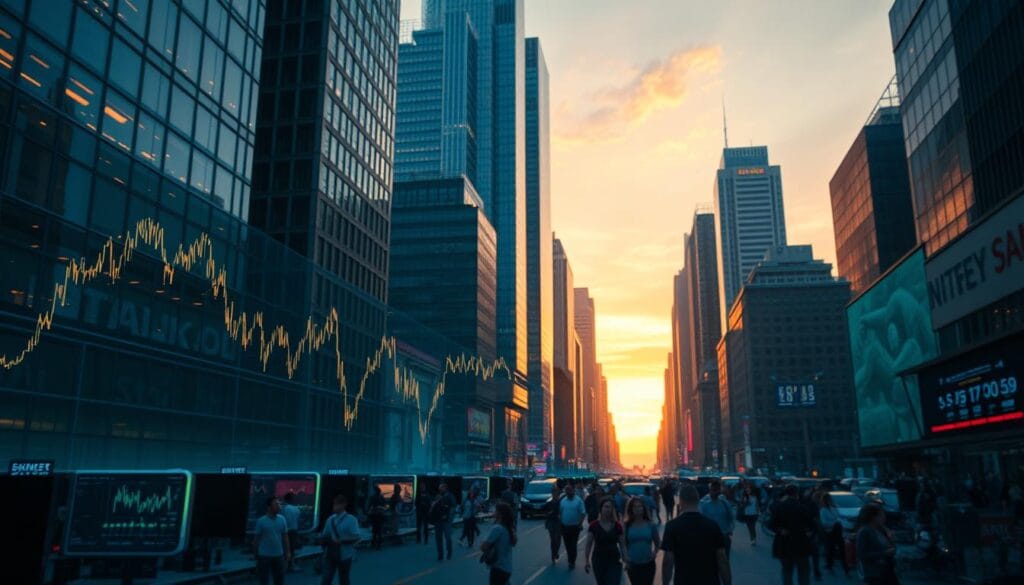 A bustling financial district at dusk, with towering skyscrapers in the background bathed in a warm, golden light. In the foreground, a holographic display projects a dynamic stock chart, its lines and curves undulating with the ebb and flow of market trends. Scattered around the scene, sleek AI-powered terminals analyze data streams, their screens displaying intricate visualizations and predictive models. The atmosphere is one of technological sophistication and data-driven decision-making, reflecting the increasingly prominent role of AI in financial forecasting.