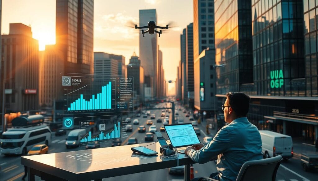 A bustling financial district in the year 2025, with towering glass-and-steel skyscrapers bathed in the warm glow of a setting sun. In the foreground, a small business owner sits at a sleek, minimalist desk, poring over financial projections on a state-of-the-art AI-powered dashboard. Holographic charts and graphs float in the air around them, displaying real-time data and automated investment recommendations. In the middle ground, teams of young financial analysts collaborate using intuitive touchscreen interfaces, leveraging machine learning algorithms to uncover hidden insights. In the background, the city's streets are alive with the energy of commerce, as autonomous vehicles and delivery drones zip between buildings, illustrating the seamless integration of AI into the fabric of small business finance. A bustling financial district in the year 2025, with towering glass-and-steel skyscrapers bathed in the warm glow of a setting sun. In the foreground, a small business owner sits at a sleek, minimalist desk, poring over financial projections on a state-of-the-art AI-powered dashboard. Holographic charts and graphs float in the air around them, displaying real-time data and automated investment recommendations. In the middle ground, teams of young financial analysts collaborate using intuitive touchscreen interfaces, leveraging machine learning algorithms to uncover hidden insights. In the background, the city's streets are alive with the energy of commerce, as autonomous vehicles and delivery drones zip between buildings, illustrating the seamless integration of AI into the fabric of small business finance.