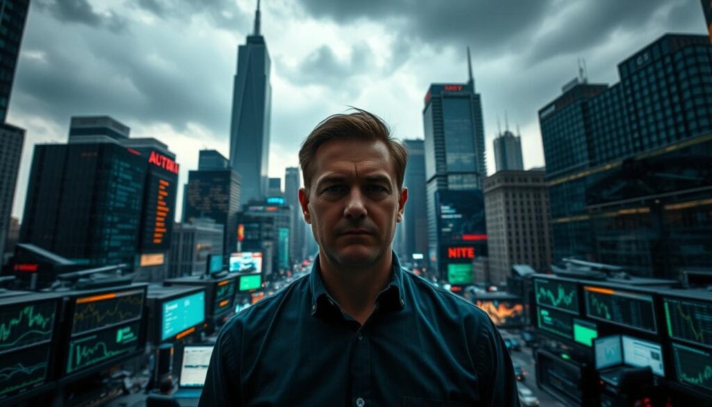 A bustling financial district set against a stormy sky, towering skyscrapers cast long shadows as AI-driven algorithms flicker across trading terminals. In the foreground, a portfolio manager stands amid a whirlwind of data streams, brow furrowed in concentration as they navigate the complex challenges of automated investment strategies. The scene is bathed in a moody, cyan-tinged light, creating an atmosphere of technological intensity and high-stakes decision-making. Wide-angle lens captures the scale and intensity of this AI-powered financial landscape, hinting at the weighty responsibilities and high-pressure environment of modern portfolio management. A bustling financial district set against a stormy sky, towering skyscrapers cast long shadows as AI-driven algorithms flicker across trading terminals. In the foreground, a portfolio manager stands amid a whirlwind of data streams, brow furrowed in concentration as they navigate the complex challenges of automated investment strategies. The scene is bathed in a moody, cyan-tinged light, creating an atmosphere of technological intensity and high-stakes decision-making. Wide-angle lens captures the scale and intensity of this AI-powered financial landscape, hinting at the weighty responsibilities and high-pressure environment of modern portfolio management.