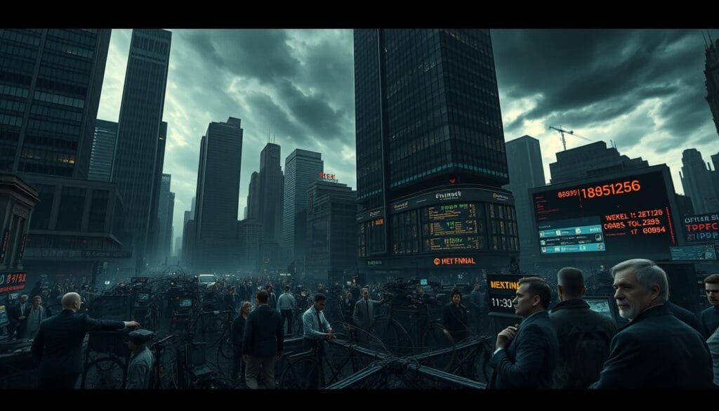 A bustling financial district, towering skyscrapers cast long shadows over the chaos below. In the foreground, a tangled web of numbers, formulas, and data streams flow through a complex system, representing the challenges of implementing AI-driven financial resilience. The mid-ground features frustrated executives, their faces etched with concern, grappling with outdated legacy systems and cybersecurity threats. In the background, a stormy sky looms, symbolizing the uncertainty and volatility inherent in the global economy. Harsh, dramatic lighting highlights the sense of urgency and the need for innovative solutions to navigate these treacherous waters. Shot with a wide-angle lens to capture the scale and complexity of the challenge.