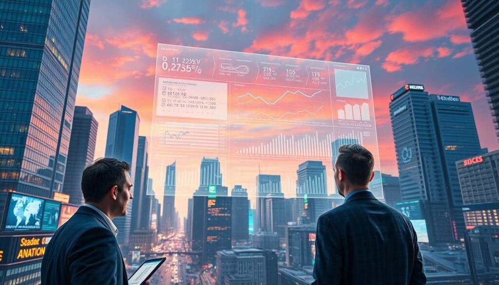 A bustling financial district, towering skyscrapers etched against a vibrant sky. In the foreground, a holographic display projects intricate charts and graphs, data streams flowing seamlessly. AI algorithms analyze market trends, forecasting future scenarios with precision. Analysts in crisp suits scrutinize the visualizations, their faces illuminated by the soft glow of screens. In the middle ground, autonomous trading platforms execute transactions at lightning speed, the pulse of the financial world. The background is alive with the energy of a city on the cusp of technological transformation, where AI-driven insights shape the future of finance.
