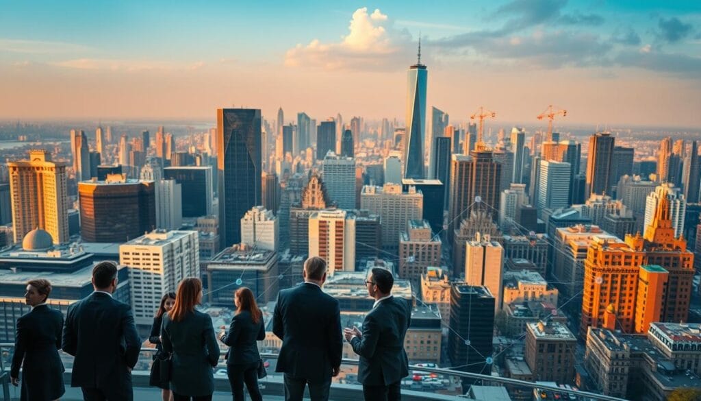 A bustling financial district with a diverse array of building styles and architectural elements, representing the collaboration and integration of various institutions and entities within the financial ecosystem. In the foreground, a group of professionals in formal attire are engaged in a dynamic discussion, symbolizing the exchange of ideas and partnership. The midground features a network of interconnected digital interfaces, depicting the seamless flow of data and communication. In the background, a skyline dotted with skyscrapers and infrastructure, all illuminated by a warm, golden-hour lighting that conveys a sense of progress and prosperity. The overall scene exudes a mood of collaboration, innovation, and the convergence of traditional and emerging financial technologies. A bustling financial district with a diverse array of building styles and architectural elements, representing the collaboration and integration of various institutions and entities within the financial ecosystem. In the foreground, a group of professionals in formal attire are engaged in a dynamic discussion, symbolizing the exchange of ideas and partnership. The midground features a network of interconnected digital interfaces, depicting the seamless flow of data and communication. In the background, a skyline dotted with skyscrapers and infrastructure, all illuminated by a warm, golden-hour lighting that conveys a sense of progress and prosperity. The overall scene exudes a mood of collaboration, innovation, and the convergence of traditional and emerging financial technologies.