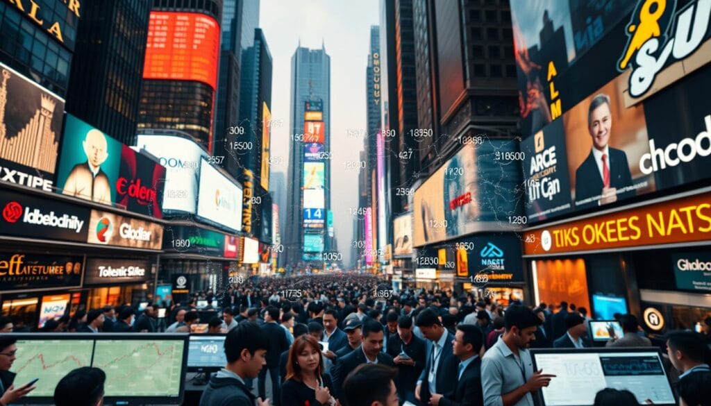 A bustling financial district with towering skyscrapers and neon-lit billboards, reflecting the dynamism of a tokenized commodity market. In the foreground, a holographic visualization of a diverse array of tokenized assets, their values fluctuating in real-time. The middle ground features a crowd of investors and traders, their faces illuminated by the glow of digital screens, engaged in lively transactions. The background is bathed in a warm, golden light, conveying a sense of prosperity and growth. The scene is captured through the lens of a wide-angle camera, emphasizing the scale and interconnectedness of the tokenized commodity ecosystem.