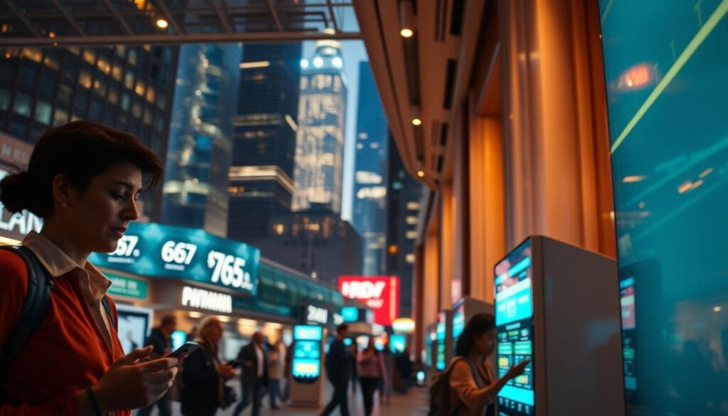 A bustling financial hub, bathed in a warm, inviting glow. In the foreground, seamless digital transactions dance across sleek, high-resolution displays, interfaces glowing with intuitive simplicity. In the middle ground, figures navigate the scene with ease, expressions calm and engaged, immersed in the fluid, frictionless experience. The background reveals a cityscape of towering, modern architecture, windows shimmering with the reflections of a vibrant, connected world. Soft, diffused lighting casts a sense of harmony and efficiency, while a subtle depth of field emphasizes the focus on the central user experience. An atmosphere of technological prowess, human-centric design, and financial empowerment. A bustling financial hub, bathed in a warm, inviting glow. In the foreground, seamless digital transactions dance across sleek, high-resolution displays, interfaces glowing with intuitive simplicity. In the middle ground, figures navigate the scene with ease, expressions calm and engaged, immersed in the fluid, frictionless experience. The background reveals a cityscape of towering, modern architecture, windows shimmering with the reflections of a vibrant, connected world. Soft, diffused lighting casts a sense of harmony and efficiency, while a subtle depth of field emphasizes the focus on the central user experience. An atmosphere of technological prowess, human-centric design, and financial empowerment.