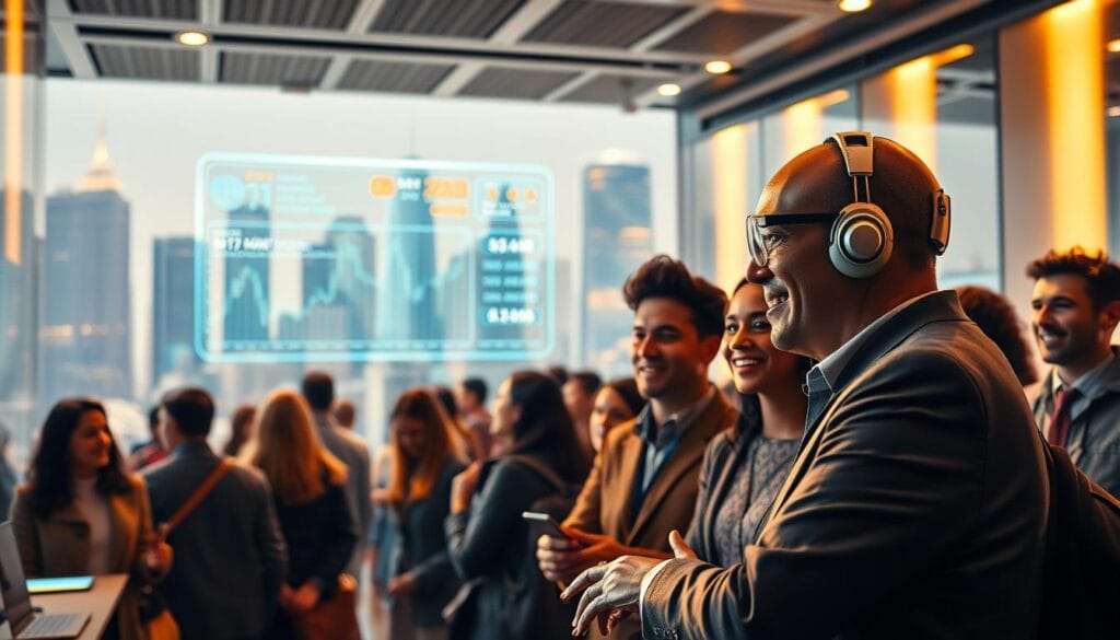 A bustling financial hub illuminated by a warm, golden glow. In the foreground, a sleek AI assistant offers personalized financial strategies to a diverse group of investors, their faces alight with optimism. In the middle ground, a holographic display showcases real-time market data and AI-powered investment recommendations. The background reveals a cityscape of towering skyscrapers, symbolizing the power and resilience of the financial industry, driven by the transformative capabilities of artificial intelligence. A bustling financial hub illuminated by a warm, golden glow. In the foreground, a sleek AI assistant offers personalized financial strategies to a diverse group of investors, their faces alight with optimism. In the middle ground, a holographic display showcases real-time market data and AI-powered investment recommendations. The background reveals a cityscape of towering skyscrapers, symbolizing the power and resilience of the financial industry, driven by the transformative capabilities of artificial intelligence.