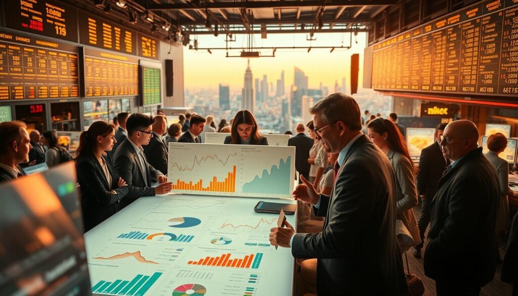 A bustling financial market filled with dynamic line graphs, pie charts, and bar charts, illuminated by warm, natural lighting. In the foreground, a central table showcases a range of risk transfer solutions, including parametric insurance coverage for natural disasters. In the middle ground, brokers and analysts intently discuss market trends, their expressions thoughtful and engaged. The background is a panoramic view of the city skyline, hinting at the global scale of the risk transfer industry. The overall atmosphere conveys a sense of innovation, collaboration, and a commitment to addressing the challenges posed by natural catastrophes.