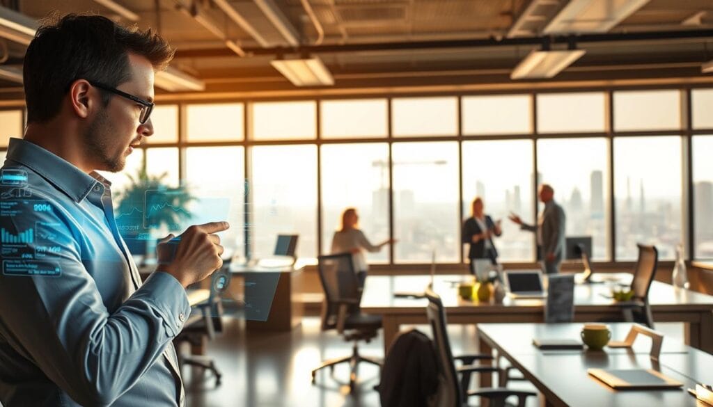 A bustling financial planning office, flooded with warm natural light from large windows. In the foreground, a financial analyst intently studying a holographic display, fingers swiping through layers of financial data. Surrounding them, desks with state-of-the-art AI-powered forecasting tools, sleek ergonomic chairs, and the soft hum of computing power. In the middle ground, a team collaborating on a comprehensive financial strategy, gesturing to a panoramic visualization of market trends and economic projections. In the background, a futuristic skyline visible through the windows, reflecting the city's prosperity. An atmosphere of focused productivity, technological sophistication, and a vision for a financially secure future. A bustling financial planning office, flooded with warm natural light from large windows. In the foreground, a financial analyst intently studying a holographic display, fingers swiping through layers of financial data. Surrounding them, desks with state-of-the-art AI-powered forecasting tools, sleek ergonomic chairs, and the soft hum of computing power. In the middle ground, a team collaborating on a comprehensive financial strategy, gesturing to a panoramic visualization of market trends and economic projections. In the background, a futuristic skyline visible through the windows, reflecting the city's prosperity. An atmosphere of focused productivity, technological sophistication, and a vision for a financially secure future.
