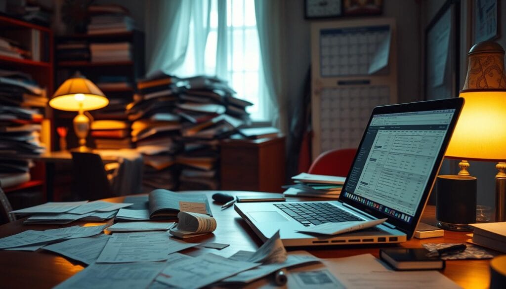 A bustling freelancer's home office, dimly lit by a warm desk lamp, as tax documents and receipts spill across the cluttered wooden surface. In the foreground, a laptop displays a complex spreadsheet, its user's brow furrowed in concentration. The middle ground reveals an overflowing filing cabinet, its drawers ajar, hinting at the organizational challenges faced. In the background, a calendar hangs crookedly, highlighting the looming deadlines that loom large for the self-employed professional. The atmosphere is one of stress and uncertainty, underscoring the unique tax burdens shouldered by freelancers navigating the complexities of their craft. A bustling freelancer's home office, dimly lit by a warm desk lamp, as tax documents and receipts spill across the cluttered wooden surface. In the foreground, a laptop displays a complex spreadsheet, its user's brow furrowed in concentration. The middle ground reveals an overflowing filing cabinet, its drawers ajar, hinting at the organizational challenges faced. In the background, a calendar hangs crookedly, highlighting the looming deadlines that loom large for the self-employed professional. The atmosphere is one of stress and uncertainty, underscoring the unique tax burdens shouldered by freelancers navigating the complexities of their craft.