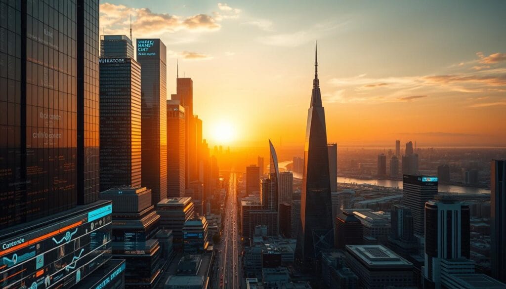 A bustling futuristic cityscape at golden hour, the towering skyscrapers and sleek high-tech buildings reflecting the warm glow of the setting sun. In the foreground, a surge of digital activity - holographic interfaces, glowing data streams, and the silhouettes of people interacting with innovative financial technologies. The middle ground features a dynamic mix of traditional and cutting-edge financial institutions, their facades adorned with neon signage and visually striking architectural elements. The background showcases a sprawling landscape of interconnected urban centers, with transportation networks and communication hubs weaving it all together. The overall scene conveys a sense of rapid technological progress, seamless integration, and the exponential growth of the fintech industry. A bustling futuristic cityscape at golden hour, the towering skyscrapers and sleek high-tech buildings reflecting the warm glow of the setting sun. In the foreground, a surge of digital activity - holographic interfaces, glowing data streams, and the silhouettes of people interacting with innovative financial technologies. The middle ground features a dynamic mix of traditional and cutting-edge financial institutions, their facades adorned with neon signage and visually striking architectural elements. The background showcases a sprawling landscape of interconnected urban centers, with transportation networks and communication hubs weaving it all together. The overall scene conveys a sense of rapid technological progress, seamless integration, and the exponential growth of the fintech industry.