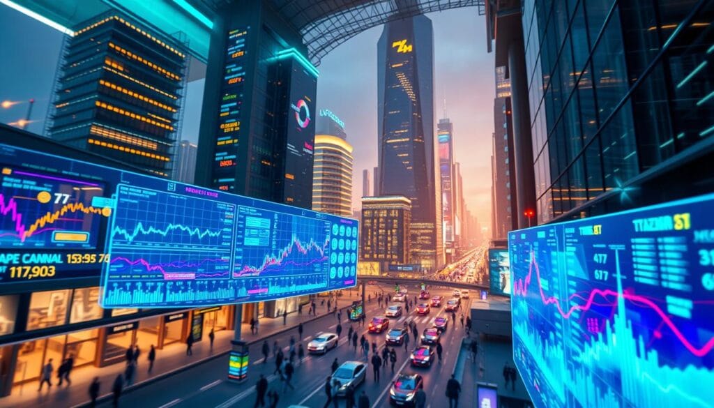 A bustling futuristic financial hub, with high-rise buildings and a dynamic cityscape in the background. In the foreground, a series of transparent holographic screens display real-time financial data, charts, and transactions flashing across the screens with lightning speed. Vibrant hues of blue, green, and purple create an atmosphere of technological innovation and financial progress. The scene is illuminated by a warm, diffused lighting, capturing the energy and pulse of the modern digital economy.