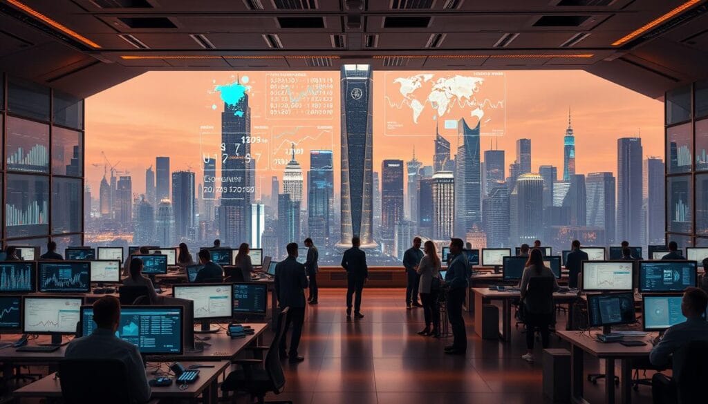 A bustling futuristic office scene, with sleek workstations and holographic displays showcasing financial data and algorithms. In the foreground, a team of accountants and financial analysts collaborate seamlessly, their movements enhanced by intelligent software assistants. The middle ground features a towering data visualization wall, projecting real-time analytics and predictive insights. In the background, an expansive skyline of towering skyscrapers and advanced infrastructure, bathed in warm, diffused lighting that creates a sense of progress and technological innovation. The overall atmosphere conveys the streamlined efficiency and transformative potential of accounting automation trends.