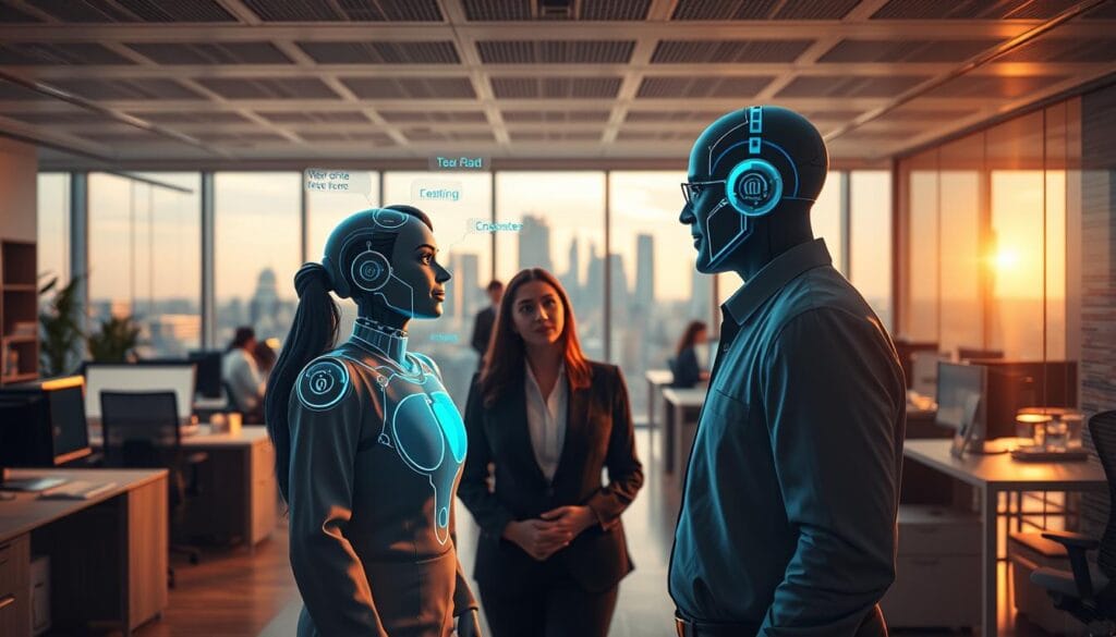 A bustling insurance office, bathed in warm, soft lighting. In the foreground, two employees engaged in animated conversation with an AI-powered chatbot interface, its digital avatar displayed on a large holographic screen. The chatbot's responses are tailored and empathetic, seamlessly assisting the customers. In the middle ground, other agents work diligently at their desks, surrounded by sleek, minimalist furnishings and a subdued color palette. The background reveals a panoramic view of a modern city skyline, hinting at the broader context of the insurance industry's digital transformation. The scene conveys a sense of efficiency, innovation, and a customer-centric approach to insurance services.