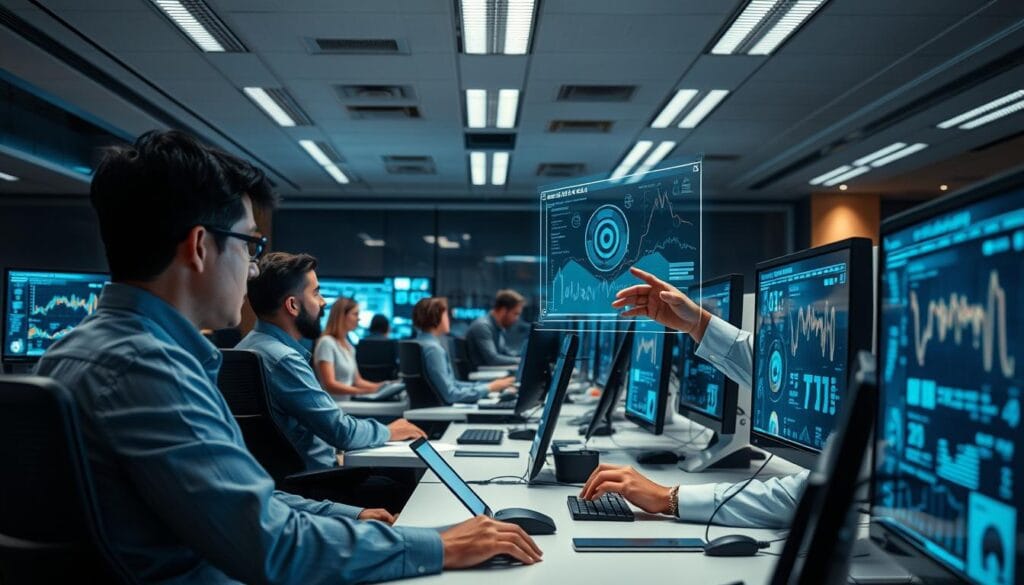 A bustling insurance office, with a team of underwriters intently poring over digital risk assessments on large monitors. Soft overhead lighting illuminates the focused expressions, as they analyze complex data models and probability forecasts. In the foreground, a senior underwriter gestures to a holographic display, guiding their colleagues through the nuances of a high-stakes policy decision. Sleek ergonomic workstations and minimalist decor convey a sense of modern, efficient workflow. The atmosphere is one of quiet concentration, underscored by the quiet hum of computers - a glimpse into the AI-powered future of the insurance industry. A bustling insurance office, with a team of underwriters intently poring over digital risk assessments on large monitors. Soft overhead lighting illuminates the focused expressions, as they analyze complex data models and probability forecasts. In the foreground, a senior underwriter gestures to a holographic display, guiding their colleagues through the nuances of a high-stakes policy decision. Sleek ergonomic workstations and minimalist decor convey a sense of modern, efficient workflow. The atmosphere is one of quiet concentration, underscored by the quiet hum of computers - a glimpse into the AI-powered future of the insurance industry.
