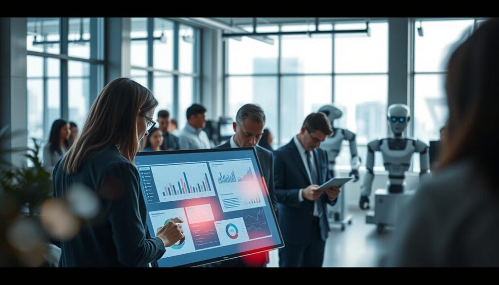 A bustling modern office setting, illuminated by soft, diffused lighting from large windows. In the foreground, a team of professionals intently collaborating around a sleek touchscreen display, using AI-powered analytics tools to visualize complex business data. In the middle ground, an executive pores over financial projections on a tablet, while in the background, robotic process automation systems hum quietly, seamlessly integrating AI into the organization's core operations. The atmosphere conveys a sense of focused innovation, technological sophistication, and a strategic vision for the future.