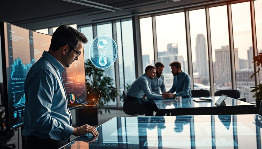 A bustling office scene depicting the future of AI-driven predictive analytics for small business wealth management. In the foreground, a financial analyst intently studying data visualizations on a large, curved ultrawide monitor. Beside them, an AI assistant projects holographic insights, its ethereal form casting a warm glow. In the middle ground, a team collaborates around a touchscreen table, discussing investment strategies powered by machine learning algorithms. In the background, floor-to-ceiling windows overlook a dynamic city skyline, hinting at the transformative impact of these innovative technologies on the future of finance for small enterprises. A bustling office scene depicting the future of AI-driven predictive analytics for small business wealth management. In the foreground, a financial analyst intently studying data visualizations on a large, curved ultrawide monitor. Beside them, an AI assistant projects holographic insights, its ethereal form casting a warm glow. In the middle ground, a team collaborates around a touchscreen table, discussing investment strategies powered by machine learning algorithms. In the background, floor-to-ceiling windows overlook a dynamic city skyline, hinting at the transformative impact of these innovative technologies on the future of finance for small enterprises.
