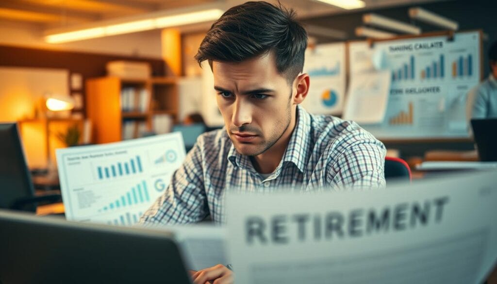 A bustling office scene with a desk, laptop, and various financial documents. In the foreground, a person sits pensively, brow furrowed, contemplating retirement planning challenges. The middle ground features charts, graphs, and retirement calculators, conveying the complexities involved. The background is slightly blurred, suggesting the overwhelming nature of the task. Warm lighting casts a contemplative mood, while the composition emphasizes the individual's isolation in navigating these crucial financial decisions. Depth of field and subtle textures add realism to this image, which captures the essence of "Overcoming Common Retirement Planning Challenges with AI".