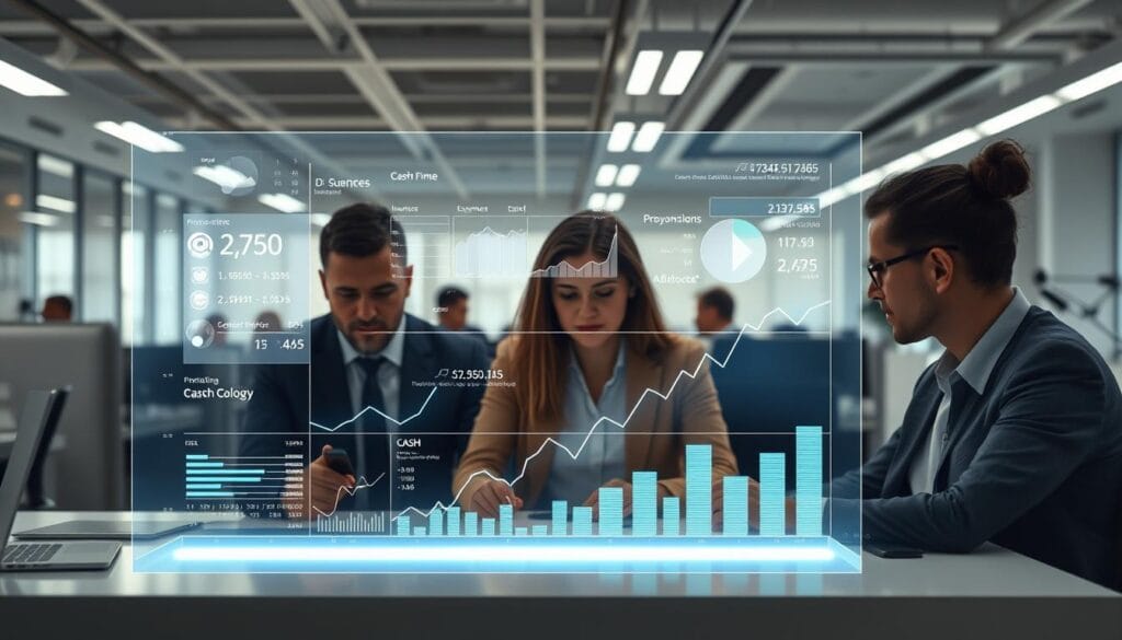 A bustling office scene with a sleek, minimalist aesthetic. In the foreground, a holographic dashboard displays real-time cash flow data, graphically illustrating income, expenses, and cash balances. The middle ground features a team of business owners and financial analysts intently studying the financial projections, their faces illuminated by the glow of the display. In the background, the office is filled with the soft hum of AI-powered accounting software, seamlessly integrating financial data across multiple sources. The lighting is crisp and clean, emphasizing the modern, tech-forward nature of the workspace. The overall mood is one of control, efficiency, and data-driven decision making. A bustling office scene with a sleek, minimalist aesthetic. In the foreground, a holographic dashboard displays real-time cash flow data, graphically illustrating income, expenses, and cash balances. The middle ground features a team of business owners and financial analysts intently studying the financial projections, their faces illuminated by the glow of the display. In the background, the office is filled with the soft hum of AI-powered accounting software, seamlessly integrating financial data across multiple sources. The lighting is crisp and clean, emphasizing the modern, tech-forward nature of the workspace. The overall mood is one of control, efficiency, and data-driven decision making.