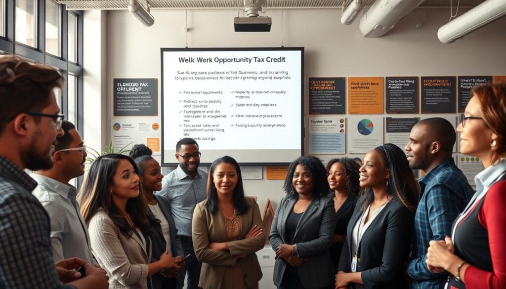 A bustling office setting with modern, minimalist decor and natural lighting filtering through large windows. In the foreground, a group of diverse business professionals engaged in a lively discussion, expressions conveying optimism and determination. In the middle ground, a projection screen displays key details about the Work Opportunity Tax Credit - eligibility requirements, potential savings, and step-by-step application process. The background features a wall-mounted display showcasing various federal tax incentive programs for small businesses, creating an informative and inspirational atmosphere. The overall scene radiates a sense of opportunity, collaboration, and a shared commitment to maximizing financial benefits for growing enterprises. A bustling office setting with modern, minimalist decor and natural lighting filtering through large windows. In the foreground, a group of diverse business professionals engaged in a lively discussion, expressions conveying optimism and determination. In the middle ground, a projection screen displays key details about the Work Opportunity Tax Credit - eligibility requirements, potential savings, and step-by-step application process. The background features a wall-mounted display showcasing various federal tax incentive programs for small businesses, creating an informative and inspirational atmosphere. The overall scene radiates a sense of opportunity, collaboration, and a shared commitment to maximizing financial benefits for growing enterprises.