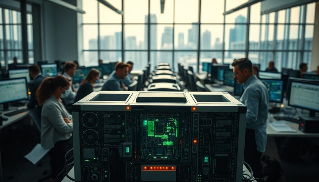 A bustling office setting, with rows of desks and computer monitors. In the foreground, an audit accuracy system is prominently displayed, its intricate circuitry and diagnostic panels illuminated by soft, ambient lighting. The system is surrounded by finance professionals, intently examining reports and spreadsheets, their expressions focused and analytical. In the background, large windows offer a view of a modern skyline, conveying a sense of the system's importance within the broader context of the tax audit process. The overall scene reflects the integration of advanced technology and human expertise, creating an atmosphere of diligence and precision.