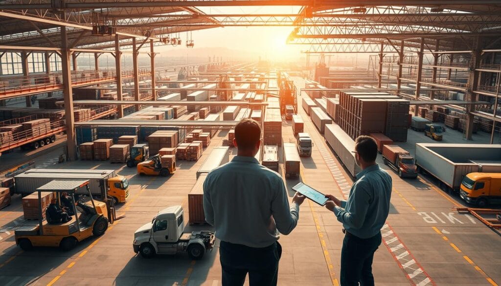 A bustling regional supply chain hub with modern distribution centers, automated warehouses, and criss-crossing transportation routes. Sunlight filters through large windows, illuminating the busy activity - forklifts moving pallets, workers monitoring digital dashboards, trucks loading and unloading goods. In the foreground, a finance executive reviews transaction data on a tablet, surrounded by a team discussing blockchain-enabled supply chain financing. The midground features a towering data center, its servers humming with the flow of real-time financial information. In the background, a vast network of roads, railways, and ports connect this regional hub to the global marketplace. An atmosphere of efficiency, innovation, and interconnectedness pervades the scene. A bustling regional supply chain hub with modern distribution centers, automated warehouses, and criss-crossing transportation routes. Sunlight filters through large windows, illuminating the busy activity - forklifts moving pallets, workers monitoring digital dashboards, trucks loading and unloading goods. In the foreground, a finance executive reviews transaction data on a tablet, surrounded by a team discussing blockchain-enabled supply chain financing. The midground features a towering data center, its servers humming with the flow of real-time financial information. In the background, a vast network of roads, railways, and ports connect this regional hub to the global marketplace. An atmosphere of efficiency, innovation, and interconnectedness pervades the scene.