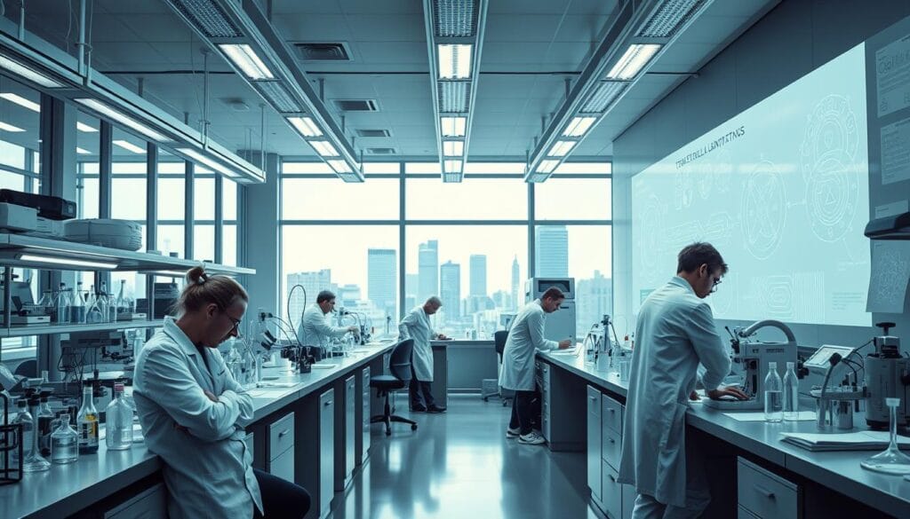 A bustling research laboratory, with scientists in white coats hunched over workbenches, surrounded by beakers, test tubes, and various high-tech equipment. Bright, fluorescent lighting casts a clinical glow, while large windows offer glimpses of an urban skyline in the background. Intricate diagrams and schematics are projected onto the walls, hinting at the innovative ideas and breakthroughs being explored. The atmosphere is one of focused intensity, as the team works tirelessly to turn their concepts into tangible solutions that could revolutionize their industry. A bustling research laboratory, with scientists in white coats hunched over workbenches, surrounded by beakers, test tubes, and various high-tech equipment. Bright, fluorescent lighting casts a clinical glow, while large windows offer glimpses of an urban skyline in the background. Intricate diagrams and schematics are projected onto the walls, hinting at the innovative ideas and breakthroughs being explored. The atmosphere is one of focused intensity, as the team works tirelessly to turn their concepts into tangible solutions that could revolutionize their industry.