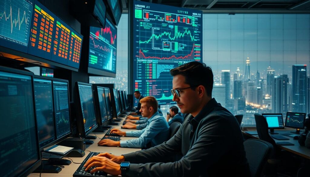 A bustling trading floor, illuminated by the warm glow of computer monitors and the rhythmic tapping of keyboards. In the foreground, a team of analysts pore over complex algorithms, their faces reflecting the intensity of the AI-driven market strategies they're developing. In the middle ground, a towering data visualization displays real-time market trends, patterns, and anomalies, guiding the traders' decision-making. The background is filled with a panoramic view of the city skyline, a testament to the global reach and impact of these revolutionary financial technologies. The scene is imbued with a sense of purpose, innovation, and the profound changes transforming the world of finance. A bustling trading floor, illuminated by the warm glow of computer monitors and the rhythmic tapping of keyboards. In the foreground, a team of analysts pore over complex algorithms, their faces reflecting the intensity of the AI-driven market strategies they're developing. In the middle ground, a towering data visualization displays real-time market trends, patterns, and anomalies, guiding the traders' decision-making. The background is filled with a panoramic view of the city skyline, a testament to the global reach and impact of these revolutionary financial technologies. The scene is imbued with a sense of purpose, innovation, and the profound changes transforming the world of finance.
