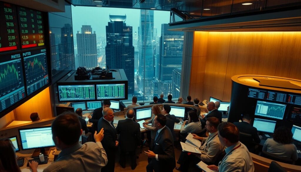 A bustling trading floor in a skyscraper, with traders and analysts intently focused on multiple screens displaying financial data and charts. The lighting is a warm, muted tone, creating a sense of professionalism and seriousness. The camera angle is slightly elevated, giving a panoramic view of the activity below. In the foreground, a group of investors are engaged in a lively discussion, gesturing towards the screens. In the middle ground, a team of researchers pore over reports and models, their expressions a mix of concentration and contemplation. The background is a cityscape of gleaming towers, hinting at the scope and impact of the institutional investment trends unfolding within.